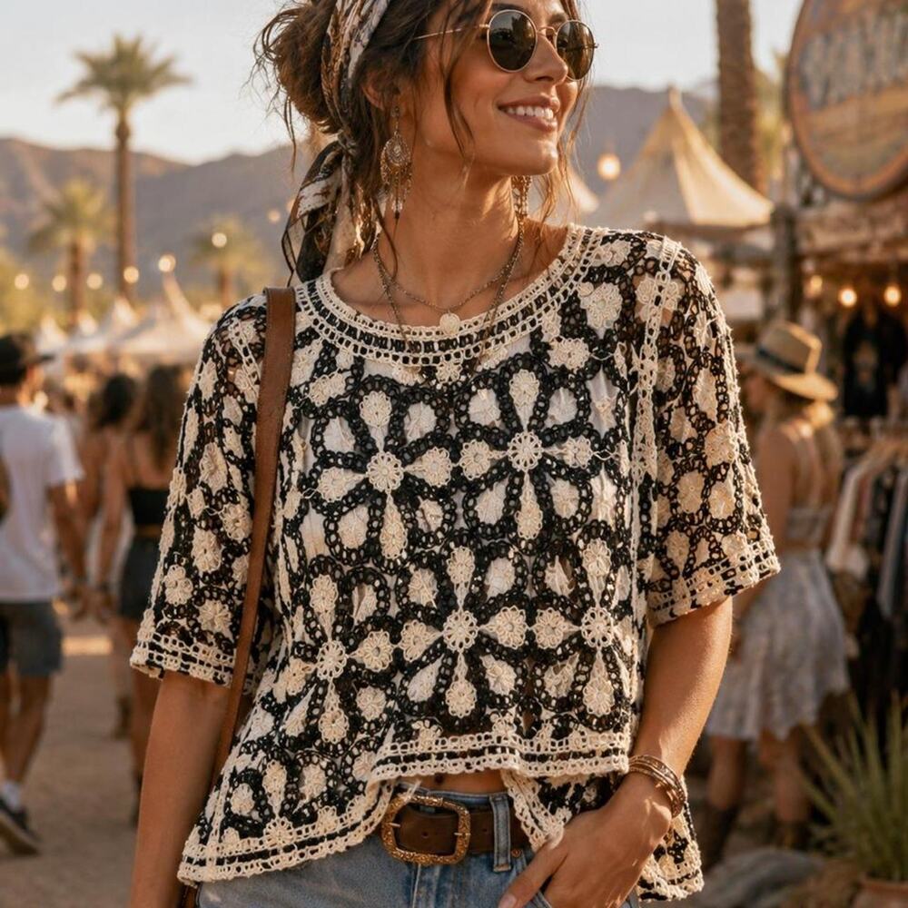 Solitaire Black & Cream Crochet Floral Boho Sweater Top Cottagecore Granny Chic